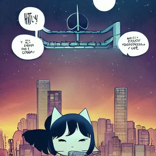 Image similar to determined 7 year - old girl with cat ears pouncing from the rooftop, futuristic skyline behind her, wide shot, highly coherent, saga comic, graphic novel, fiona staples