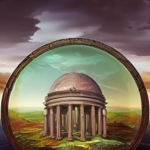 Prompt: a giant glass dome surrounding a utopian society, surrounded by an apocalyptic landscape, digital art