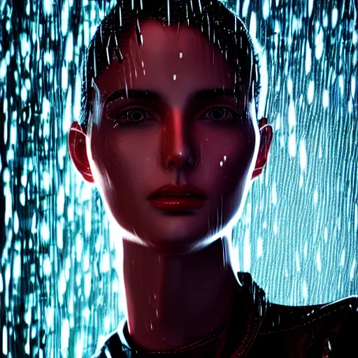 Prompt: stylish woman cartoon portrait made out of rain, leather jacket, cyberpunk background, rendered in octane, unreal engine, highly detailed, trending on artstation, realistic, splashes of neon, beautiful