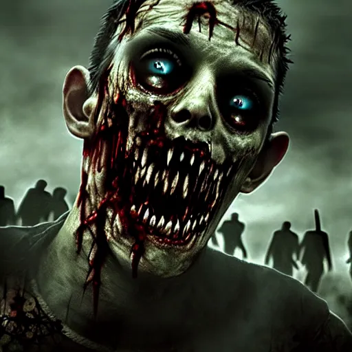 Prompt: creepy zombie horde apocalypse, cinematic, cinematography, still, incredible detail, photorealistic, epic, horror, scary, render, living dead, ghouls