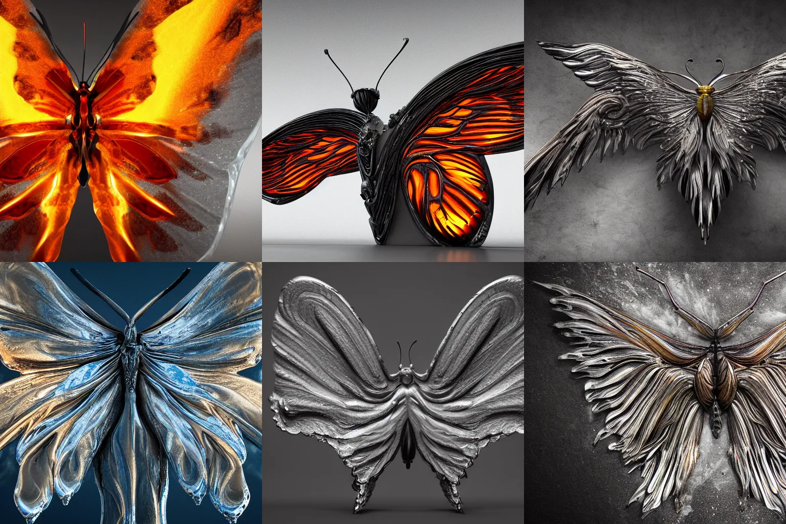 Prompt: butterfly with wings made of flowing molten metal and wings made of melting ice, hyperdetailed, octane render, photorealistic, 4k