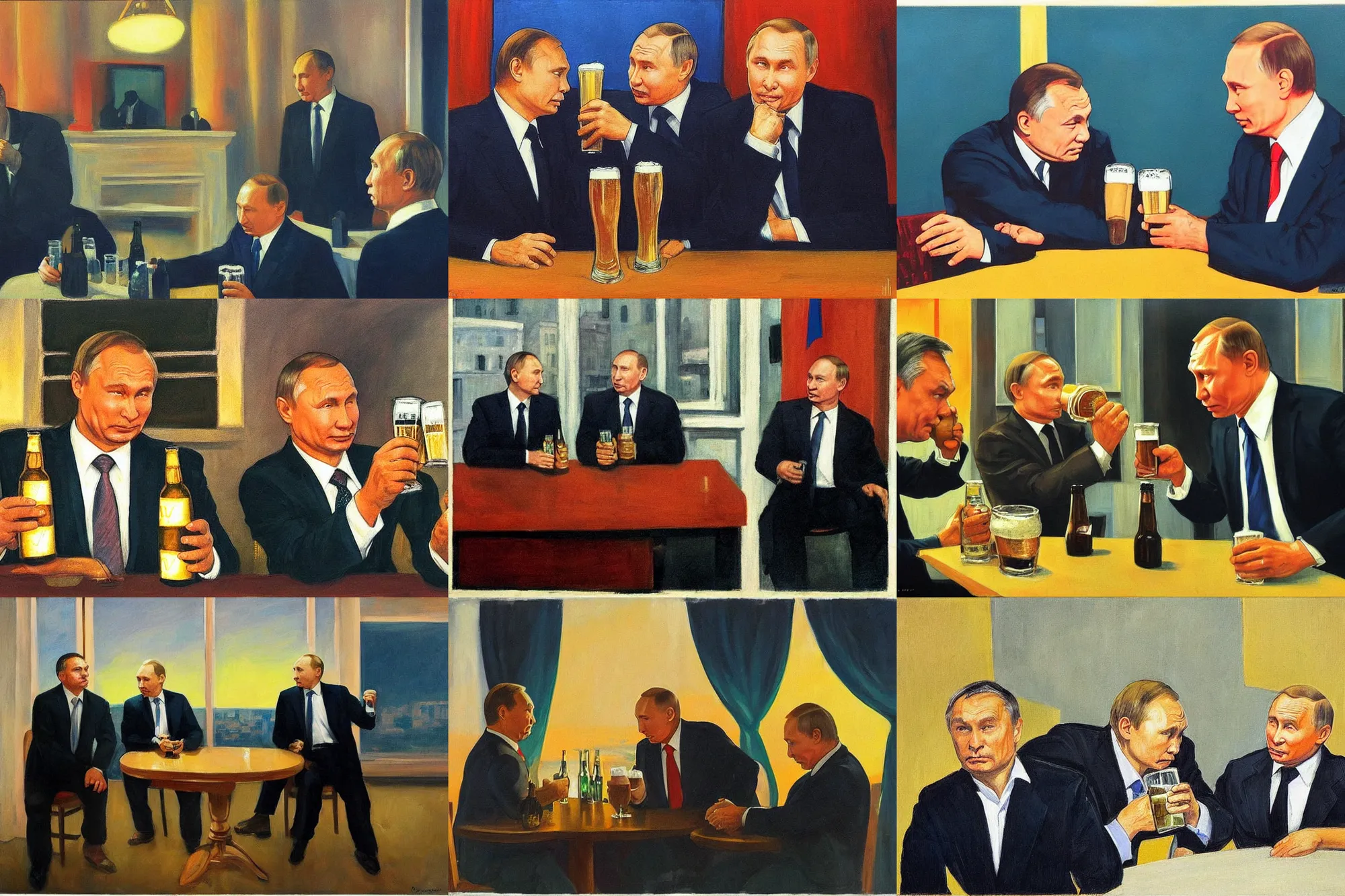 Prompt: ( ( viktor orban ) ) and putin drinking beer in front of a burning city, in the style of edward hopper, highly detailed face