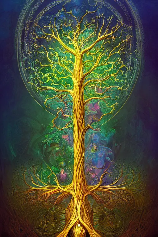 Image similar to lateral cross - section view. magical glowing tree of life, centralized, ethereal, rich estate, fantasy, smooth, sharp focus, high detailed digital art, ultra wide shot, lush colors, in the style of greg rutkowski and hans zatzka, digital art, sharp focus, highly realistic, exquisite ornate metal gothic icon heavy patina, delicate,