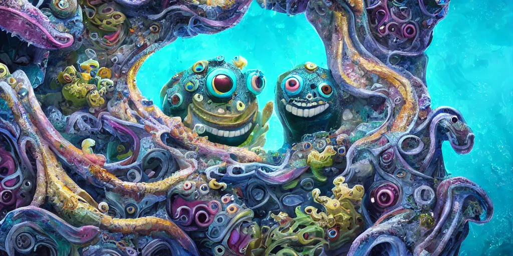 Image similar to of an intricate sea reef with strange cute friendly happy creatures with huge eyes, mouth, long tongue, round teeth and goofy face, appearing from the background, in the style of gehry and gaudi, macro lens, shallow depth of field, ultra detailed, digital painting, trending artstation, concept art, illustration, cinematic lighting, photorealism, epic, octane render