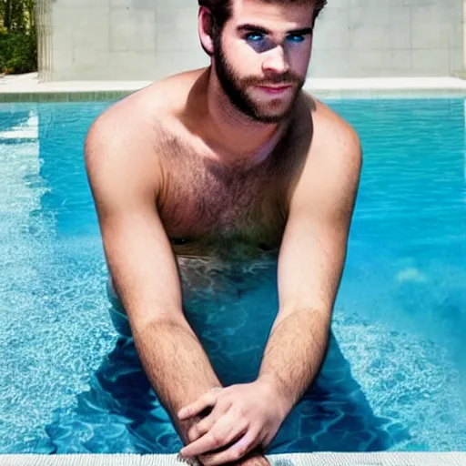 Image similar to a realistic detailed photo of a guy who is an attractive humanoid who is half robot and half humanoid, who is a male android, actor liam hemsworth, shiny skin, posing like a statue, blank stare, by the pool, on display