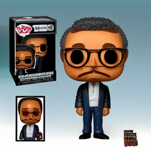 Prompt: funko pop gustavo fring with half of his face gone. toy design