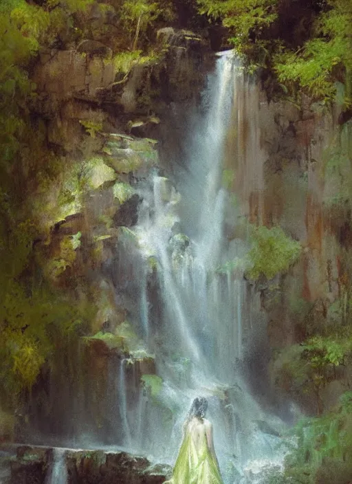 Image similar to painting of a goddess showering in a waterfall, veiled in mist, with her robes folded and set on a rock in the foreground, detailed, stylized, loose brush strokes, pastel colors, blue and green hues, by Jeremy Mann, intricate, beautiful