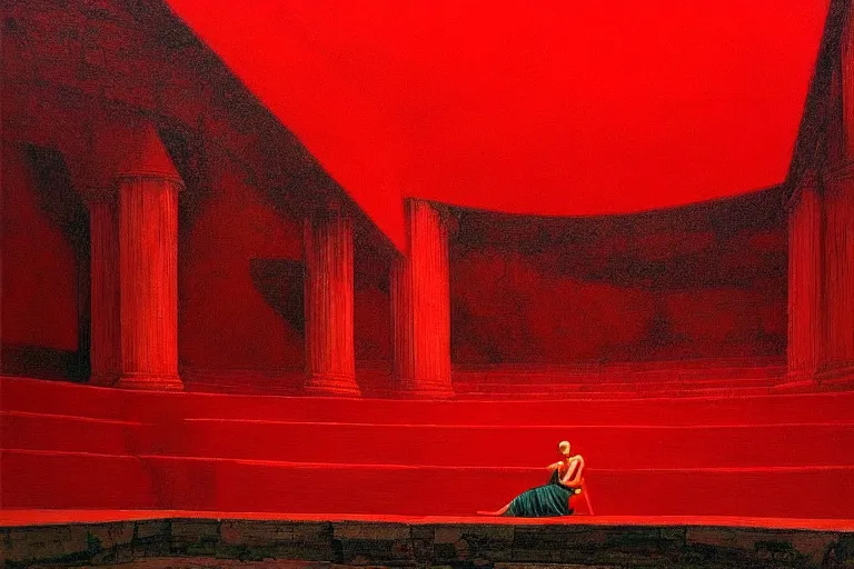 Image similar to only with red, a red great emperor, taormina amphitheatre, expressive crowd hails him, in the style of beksinski, parts by edward hopper, parts by rodcenko, parts by yue minjun, intricate and epic composition, red by caravaggio, insanely quality, highly detailed, masterpiece, red light, artstation, 4 k