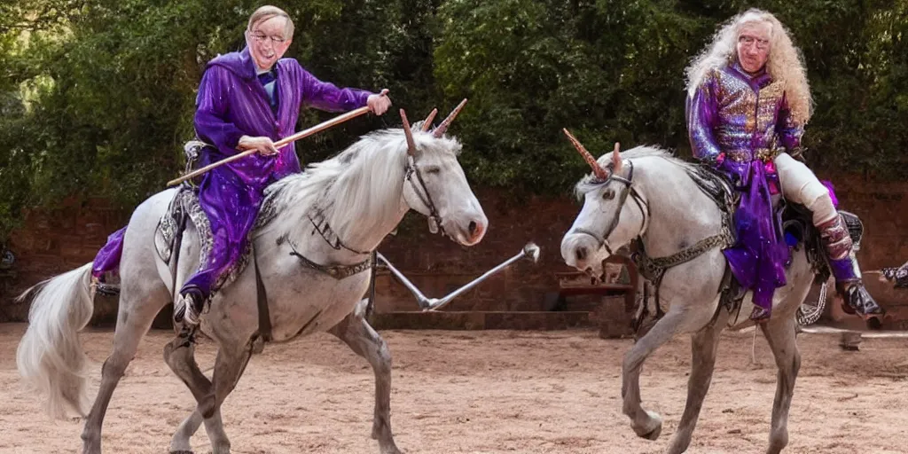 Prompt: stephen hawking jousting on a sparkly unicorn the last knight cinematic