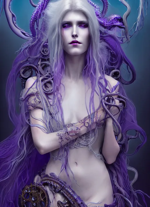 Prompt: beautiful woman with long white hair and purple eyes, blue lips, torn ethereal garment, draped in many limbed steampunk tentacles, intricate, elegant, highly detailed, digital painting, artstation, concept art, smooth, sharp focus, octane render, art by ernst fuchs and ben templesmith