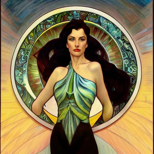 Image similar to a streamline moderne painting in the style of donato giancola, and in the style of charlie bowater, and in the style of alphonse mucha. symmetry, smooth, sharp focus, semi - realism, intricate detail.