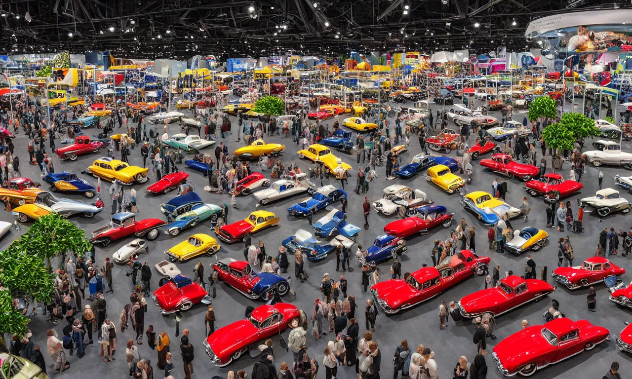 Image similar to exhibition hall full of restomods cars, plants and observing crowd people, high detail, colorful image, small features, from new movie by digital domain and weta digital, strong ambient occlusion