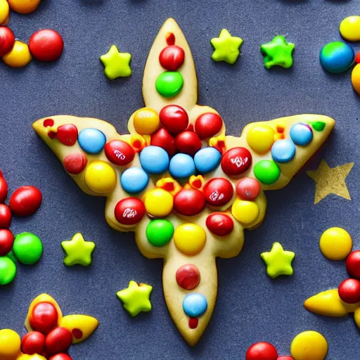 Prompt: close view of a 5 pointed star shaped m & m cookie, warm dim light