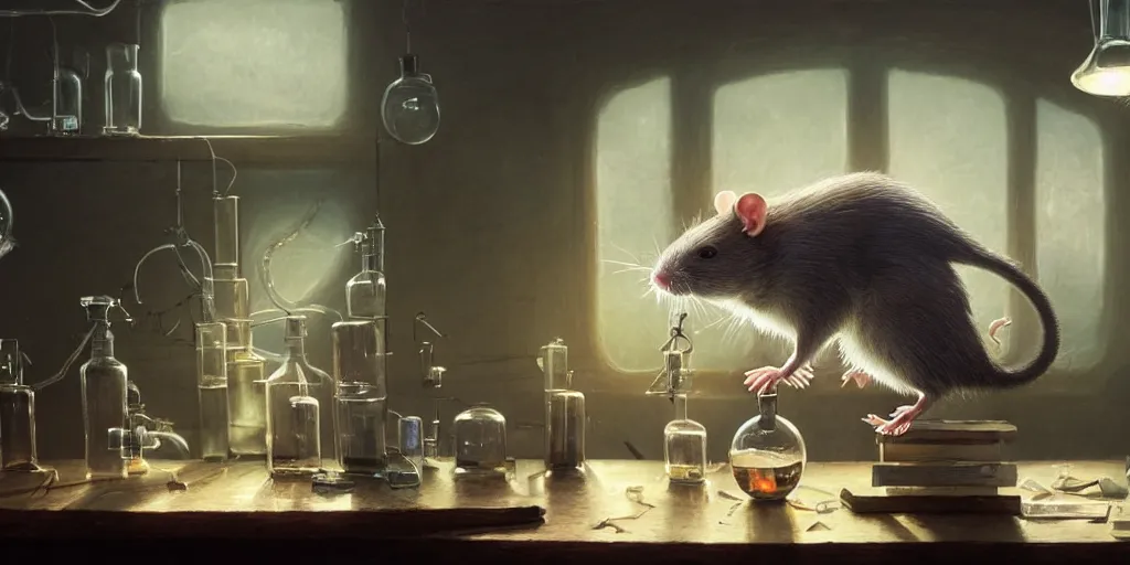 Image similar to rat sitting on a desk in a laboratory with lots of flasks filled with magic liquids and poisonous fog, stephen bliss, unreal engine, fantasy art by greg rutkowski, loish, rhads, ferdinand knab, ilya kuvshinov, rossdraws, tom bagshaw, global illumination, radiant soft light, detailed and intricate environment