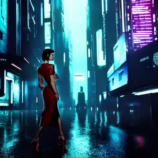 Image similar to jennifer connelly starring in a cyberpunk movie in a distopic futuristic city in the style of bladerunner, movie still, highly detailed, rainy night, volumetric lights, dramatic, scifi