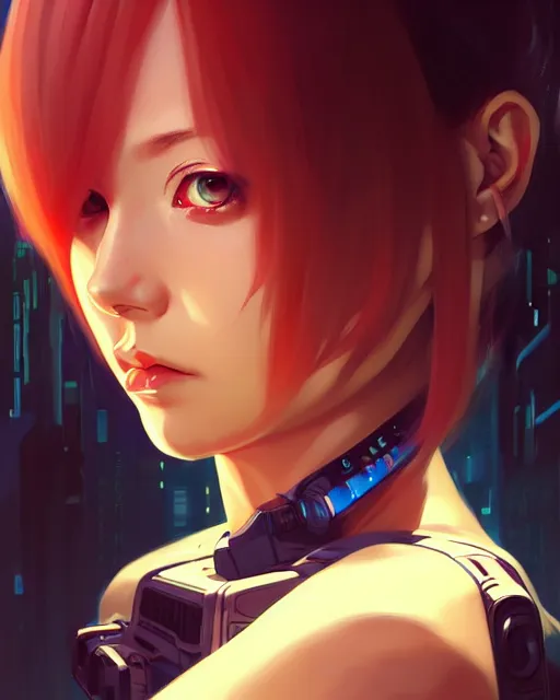 Image similar to a comic potrait of a cyberpunk cyborg girl with big and cute eyes, fine - face, realistic shaded perfect face, fine details. night setting. very anime style. realistic shaded lighting poster by ilya kuvshinov katsuhiro, artgerm, jeremy lipkin and michael garmash, unreal engine, radiant light, detailed and intricate environment