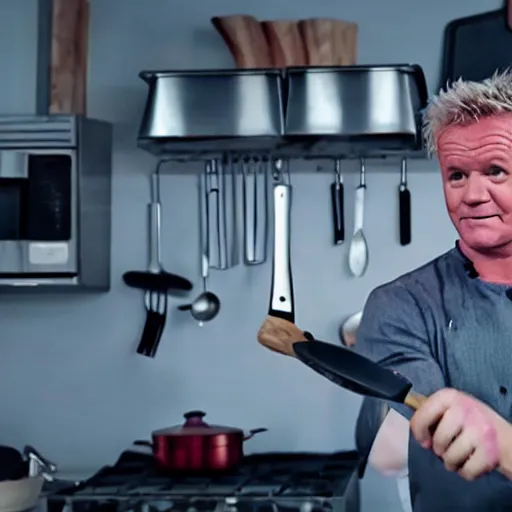 Image similar to hyper real Gordon Ramsey cooking a unicorn in kitchen 4k