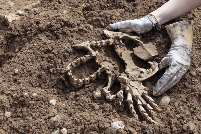 Prompt: Fossilized armored goddess skeleton being excavated from the ground. 8k