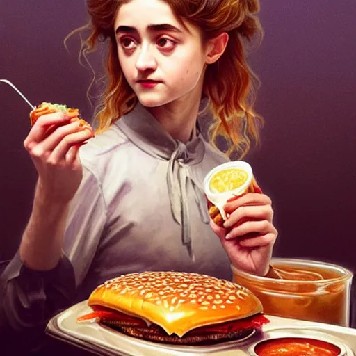 Image similar to Natalia Dyer Eating Big Macs, dripping BBQ Sauce, serving burgers, D&D, fantasy, intricate, elegant, highly detailed, digital painting, artstation, concept art, matte, sharp focus, illustration, hearthstone, art by Artgerm and Greg Rutkowski and Alphonse Mucha