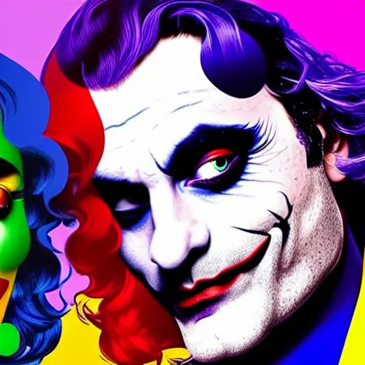 Prompt: richard hamilton and mimmo rottela as lady gaga harley queen and joaquin phoenix joker couple kissing, pop art, 2 color, left and right align, object details, dynamic composition, 4 k, ultra realistic art, smooth, sharp focus, illustration, concept art, intricate details, h 7 6 8