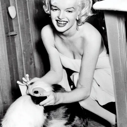 Prompt: Marilyn Monroe smiling while petting a guinea pig, black and white photograph