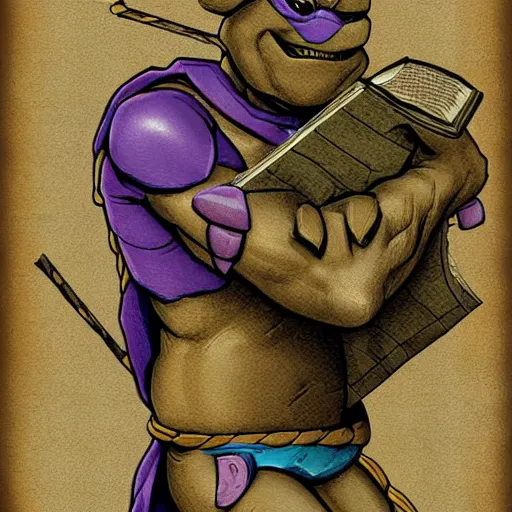 Image similar to Digital artwork of Donatello of the Teenage Mutant Ninja Turtles reading the Bible, trending on artstation