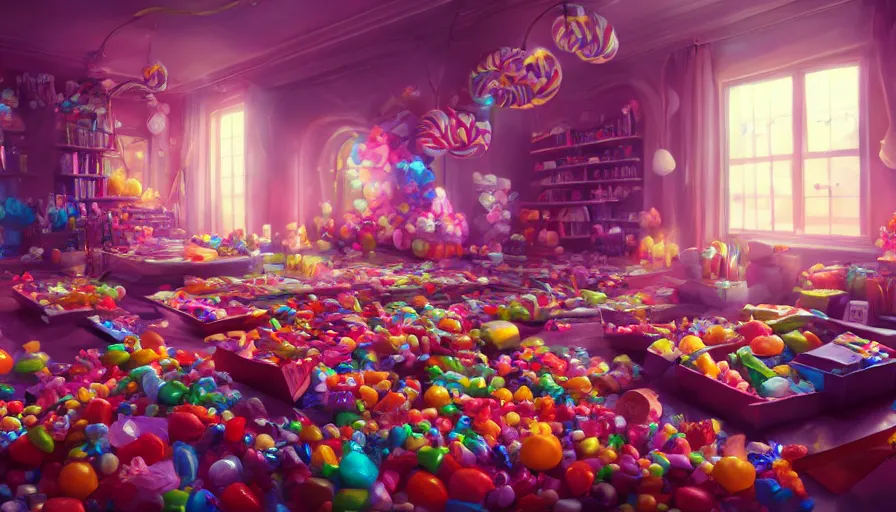 Prompt: room full of candies, light, hyperdetailed, artstation, cgsociety, 8 k