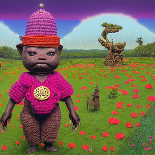 Image similar to wide angle dynamic portrait of a chibbi dogon priest in a rose garden with a red pond and a golden ornate steampunk portal, amigurumi by mark ryden and todd schorr and mark davis and zdislaw beksinski in a surreal lowbrow style, digital paint, matte paint, vivid synthwave colors, breathtaking landscape