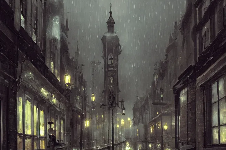 Prompt: beautiful serene victorian city, gaslight, rain, low angle, wide angle, artstation