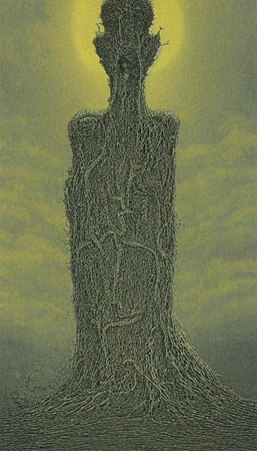 Image similar to forbidden knowledge, madness, the eldritch king in yellow by beksinski, tarot card, strange frames, ghibli