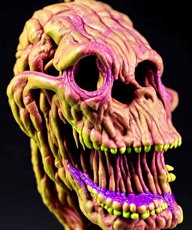 Prompt: hyperrealistic rendering, cronenberg flesh monster skeletor by art of skinner and richard corben and jeff easley, product photography, action figure, sofubi, studio lighting, colored gels