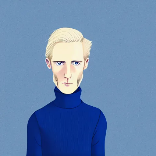 Prompt: A slender, awkward british man, with short blond hair and a very short blond beard wearing a corduroy jacket and turtleneck , blue eyes, pale skin, English heritage, digital art, cartoon, mid-shot, 8k