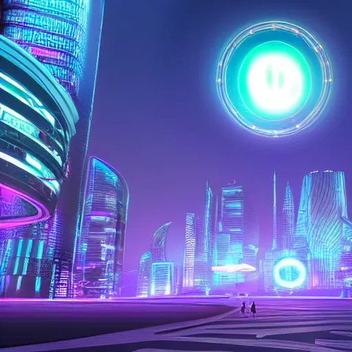 Image similar to futuristic city with dao yin - yang symbols floating around many neon lights, digital art