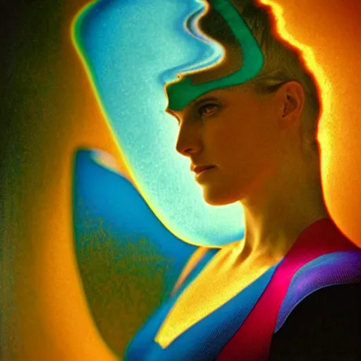 Image similar to extremely beautiful futuristic super schizophrenic psychedelic prismatic superhuman, lush detail, national geographic, steichen, herb ritts, roger deakins, anne leibovitz, alphonse mucha, art deco, sharp focus, ultra - realistic, hyperrealism, psychosis, beautiful psychotic radiant madwoman, super schizophrenic superhuman superhero, illuminated, volumetric light