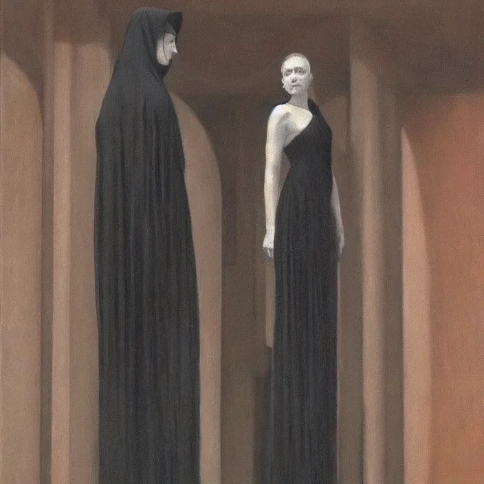 Prompt: woman in black robes, short skirt, in magnificent shopping mall, oil painting by edward hopper, zdislav beksinski, wayne barlowe