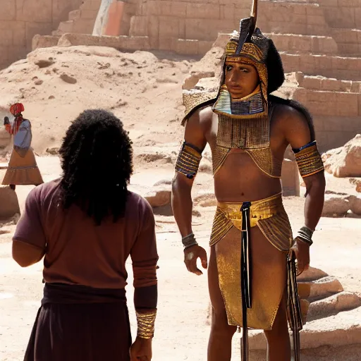 Prompt: High School Musical’s Corbin Bleu plays King Tutankhamen in the live action film The Prince of Egypt, still image taken by Blackmagic URSA on set