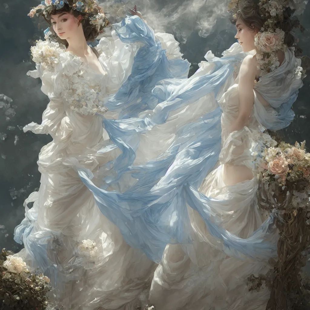 Image similar to lady dressed in a vaporous wrapped large victorian cream roses silk semi-transparent blue and cream dress fashion is running D&D, fantasy, intricate, elegant, highly detailed, digital painting, artstation, concept art, matte, sharp focus, illustration, art by Artgerm and Greg Rutkowski and Alphonse Mucha