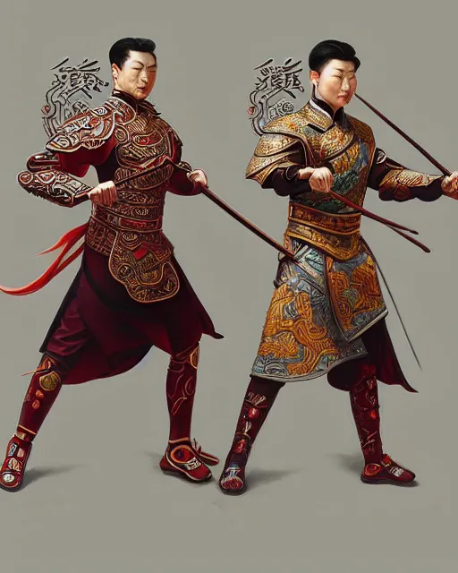 Prompt: suit up man and chinese ancient warrior back to back, decorated with opera motifs, traditional chinese art, intricate, elegant, highly detailed, digital painting, artstation, concept art, smooth, sharp focus, illustration, art by artgerm and greg rutkowski and alphonse mucha, 8 k