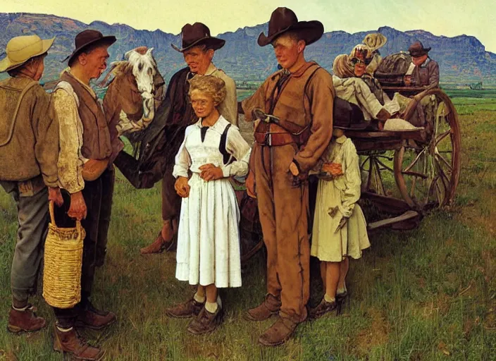 Image similar to mormon pioneers by norman rockwell, highly detailed