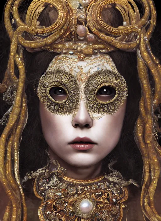 Image similar to hyperrealism, detailed textures, award winning autochrome portrait photo, symetrical japanese pearl beautiful medusa queen autochrome pearl portrait, pearl silverplate, intricate, detailed facial pearl scary animal mask, pearl, golden jewelery, silverplate, ultra realistic, cinematic, intricate, cinematic light by steve mccurry, unreal engine 8 k