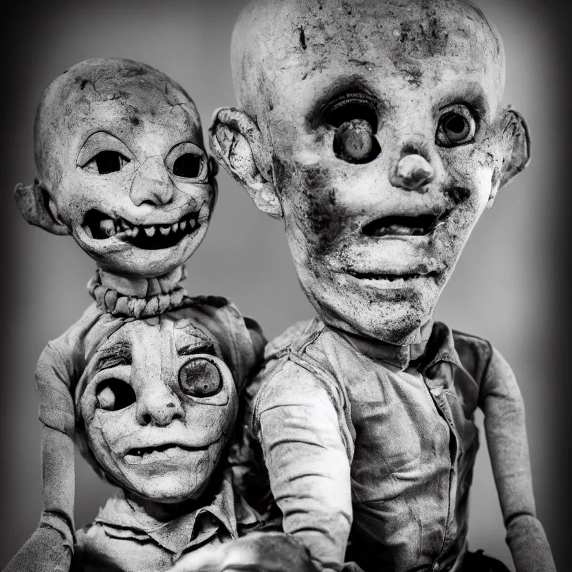 Image similar to creepy ventriloquist dummy in the style of roger ballen, 4 k, bw, portrait