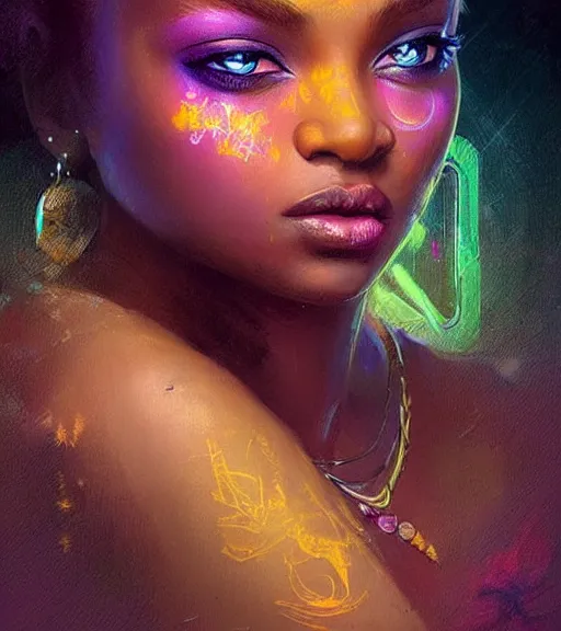 Prompt: beautiful intricate exquisite african princess realistic face, beautiful eyes, neon colors, drawing, in the style of greg rutkowski, fantasy, amazing detail, epic, intricate, elegant, smooth, sharp focus