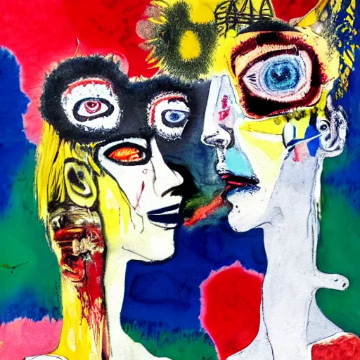 Image similar to watercolor painting of two bizarre psychedelic punk women kissing each other closeup in an airplane in japan, speculative evolution, mixed media collage by basquiat and jackson pollock, maximalist magazine collage art, sapphic art, lesbian art, chemically damaged
