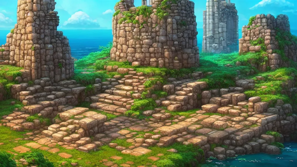 Prompt: ancient atlantean ruins, studio ghibli, pixar and disney animation, sharp, rendered in unreal engine 5, highly detailed, digital painting, artstation, concept art, smooth, sharp focus, illustration, wide angle, artbook, wallpaper, splash art, promo art, dramatic lighting, art by artgerm and greg rutkowski and bo chen and jin xiaodi