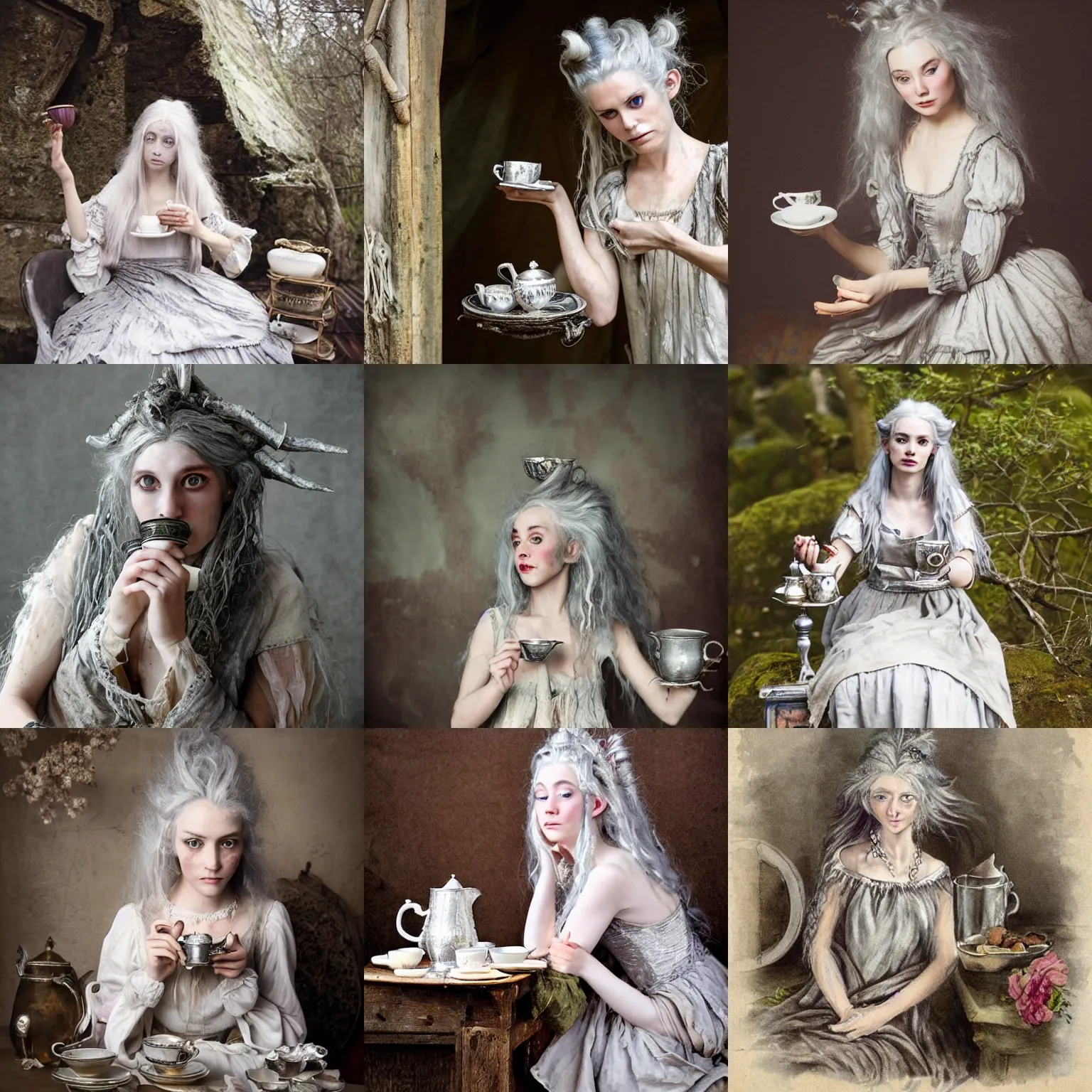 Prompt: A messy, lumniousm silver haired, (((mad))) elven princess from the 18th century, dressed in a ((ragged)), dirty, 18th century silver wedding dress, is ((drinking a cup of tea)), in her right side is a porcelain tea set. She is in her ((underwater, precious, scarry castle)). In the background is a window looks to the a bottom of a lake (water, seaweed and bubles). Mystical, atmospheric, greenish blue tones, ((dreamlike)), atmospheric, (((underwater))), ((underwater lights)), concept art by John Everett Millais, John Everett Millais,Annie Stegg Gerard, Ian David Soar, John Anster Fitzgerald