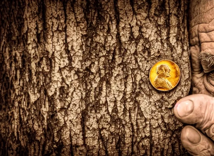 Image similar to old retro burnt out sepia photograph with scratches of an old and wrinkled man biting into a golden coin with his teeth. magical forest in the background with bokeh. Antique. High quality 8k. Intricate. Sony a7r iv 35mm. Award winning.