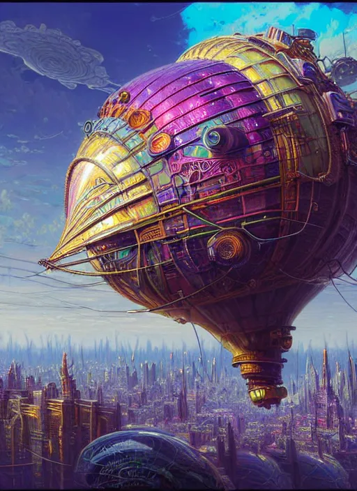 Image similar to hyper detailed ultra sharp of a colorful bubblepunk steampunk overcrowded city airship. trending on artstation, warpaint aesthetic, earthwave, colorful, psychedelic, ornate, intricate, digital painting, concept art, smooth, sharp focus, illustration, art by artgerm and greg rutkowski and h. r. giger, 8 k