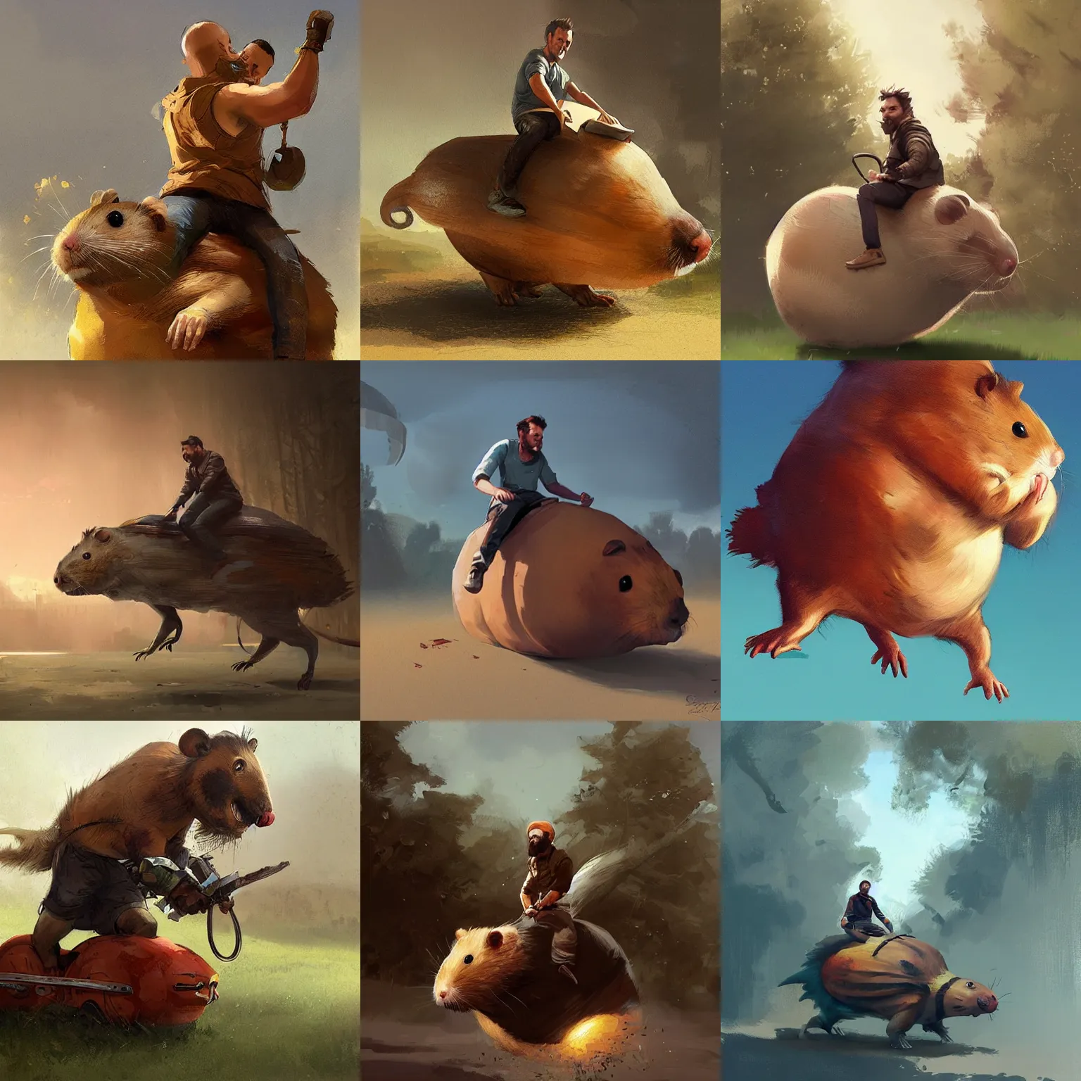 Prompt: man rides a giant hamster, digital art by greg rutkowski