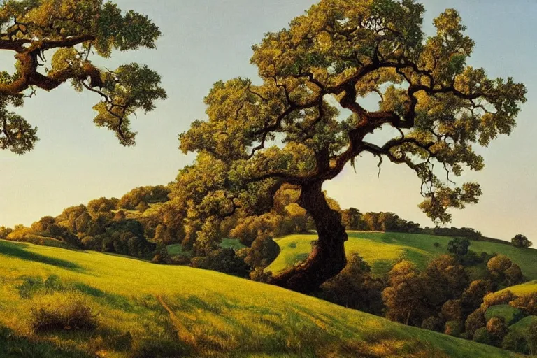 Image similar to masterpiece painting of oak trees on a hillside overlooking a creek, dramatic lighting, by edward okun