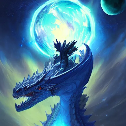 Image similar to prompt blue crystalline dragon, European dragon, devouring a planet, space, planets, moons, sun system, nebula, oil painting, by Fernanda Suarez and and Edgar Maxence and greg rutkowski